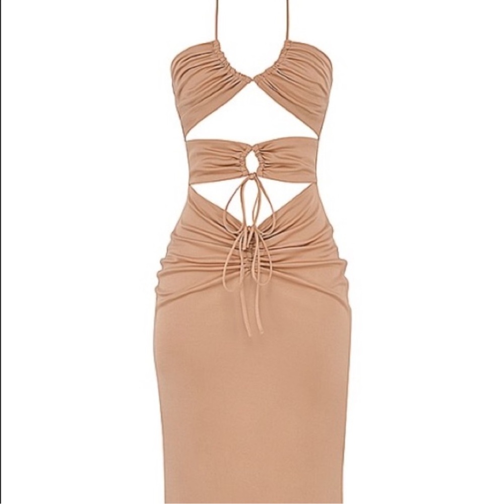 House of CB Kasia Strappy Cutout Ruched Bodycon Midi Dress Caramel Brown Small